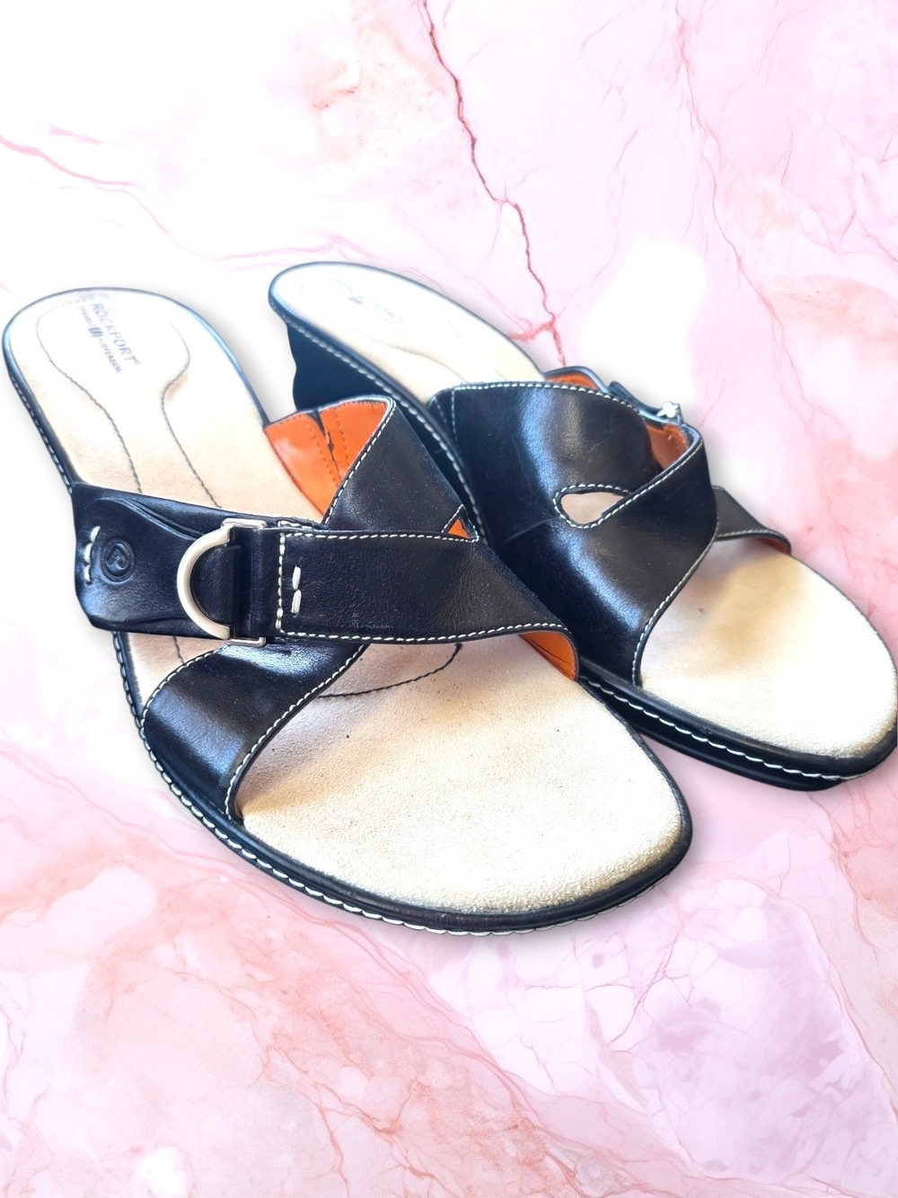 Rockport Black Leather Slide Sandals + Buckle Detail. 3" comfort wedge in sz 10